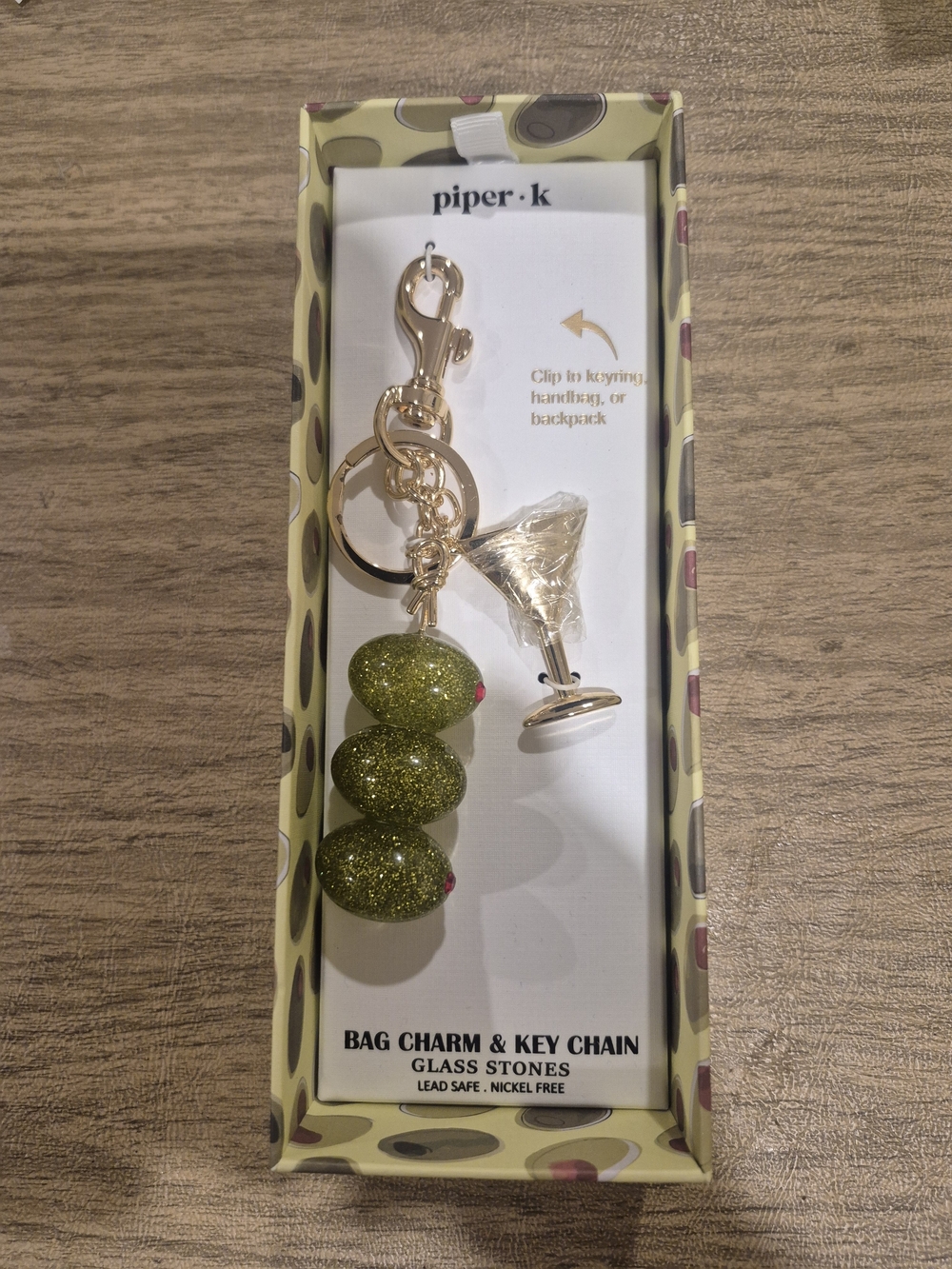 Piper Olive Green Glitter Olive Bag Charm with Gold Martini Charm